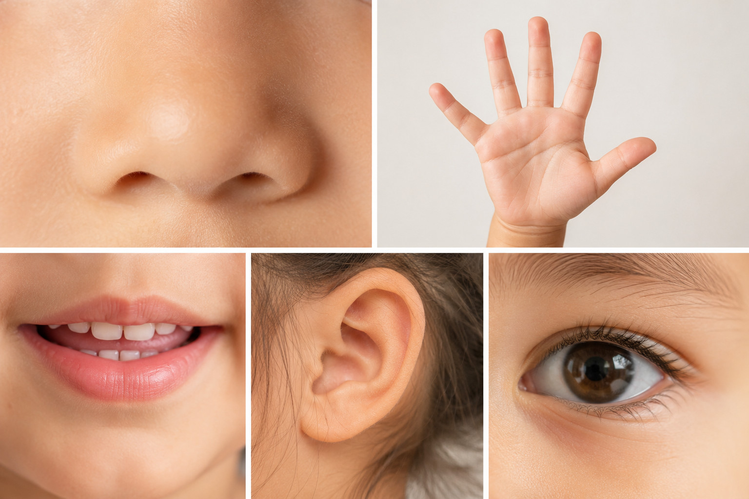 Détails sensoriels d'un enfant : nez, main, bouche, oreille et regard